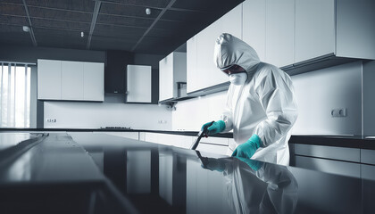 professional cleaning man in protective clothing and suits is cleaning a kitchen