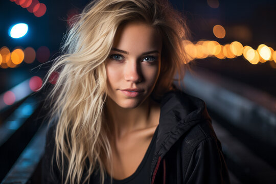 Portrait of beautiful long messy effect blonde hair young woman at night