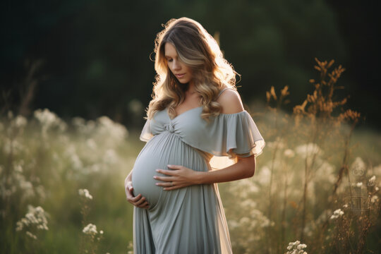 Pregnant woman wearing a flowy dress, with nature background