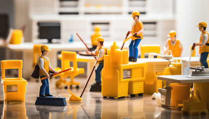 cleaning workers in an office room with yellow caution markers