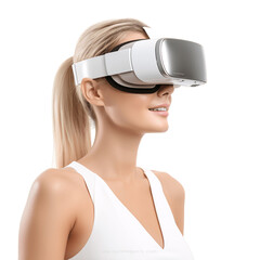 Naklejka premium Attractive blond woman wearing VR glasses, augmented reality glasses. Isolated on transparent background