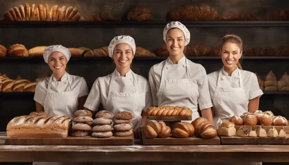 Abwaschbare Fototapete Bäckerei three smiling bakery workers standing next to breads