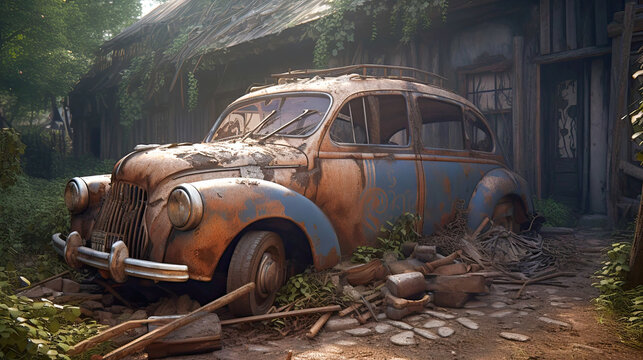 Rendered image of an old, rotten car with textured organic sculpting, sitting deserted on a path