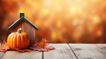 Toy house with pumpkin on a wooden table in the autumn garden. Generative AI.