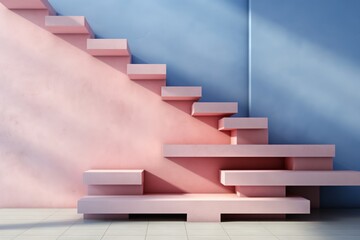 A 3D-rendered minimalist scene showcases pastel blue and pink stairs, juxtaposed as primitive architectural forms, doubling as a fashionable podium.