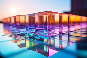 An abstract tableau comes alive as a glossy crystal block, bathed in a multicolored gradient, reflects enigmatically on a softened mirror plane.