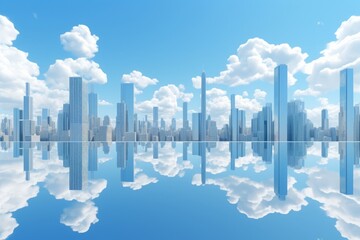 In a 3D-rendered abstraction, mirror-finished skyscrapers rise majestically against a clear blue sky dotted with white clouds, portraying a modern, minimalist urban panorama.