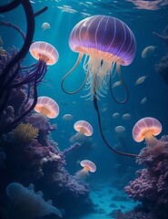 A surreal underwater landscape, populated by a kaleidoscope of vibrant jellyfish, illuminated by a mysterious, glowing light.