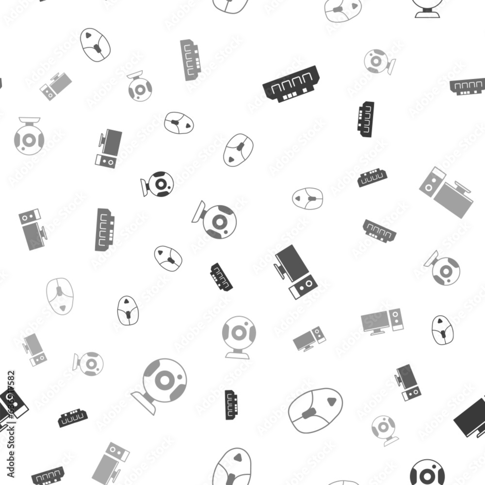 Poster Set RAM, random access memory, Computer mouse, monitor and Web camera on seamless pattern. Vector