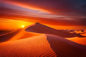 An expansive desert landscape during a vivid sunset, with the horizon ablaze in hues of orange and magenta.
