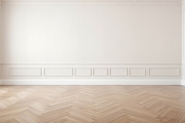 White classic wall background with copy space, mock up room, beige colour parquet floor