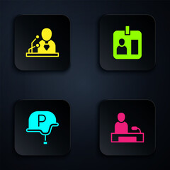 Set Television report, Breaking news, War journalist and Journalist id card. Black square button. Vector