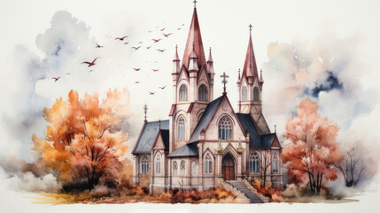Landscape watercolor painting. Wooden church in autumn colors on a white background