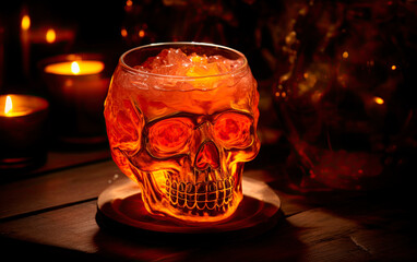 A Halloween cocktail served on a skull-shaped glass with beautiful candles and decoration on the background