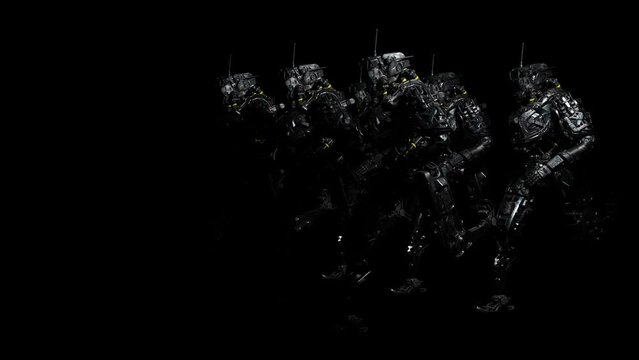 robot squad, cyborgs, synchronous movement, running motion, background for music, 3d render