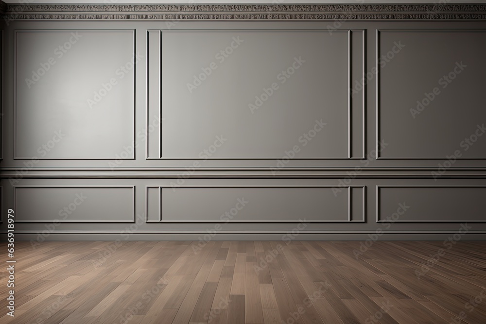 Wall mural grey classic wall background with copy space, mock up room, brown parquet floor