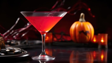 Red Halloween martini cocktail in glasses close-up. Bloody spooky scary party cocktails alcoholic drinks festive concept. AI photography. .