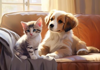 Cat and dog lying on the couch