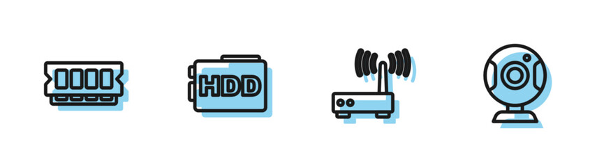 Set line Router and wi-fi signal, RAM, random access memory, Hard disk drive HDD and Web camera icon. Vector