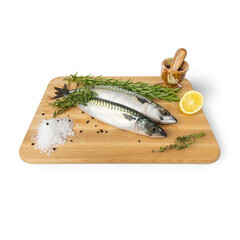 Atlantic mackerel with rosemary on board, Scomber scombrus