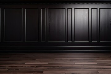 Dark brown classic wooden highlighted wall background with free space, mock up room, parquet floor