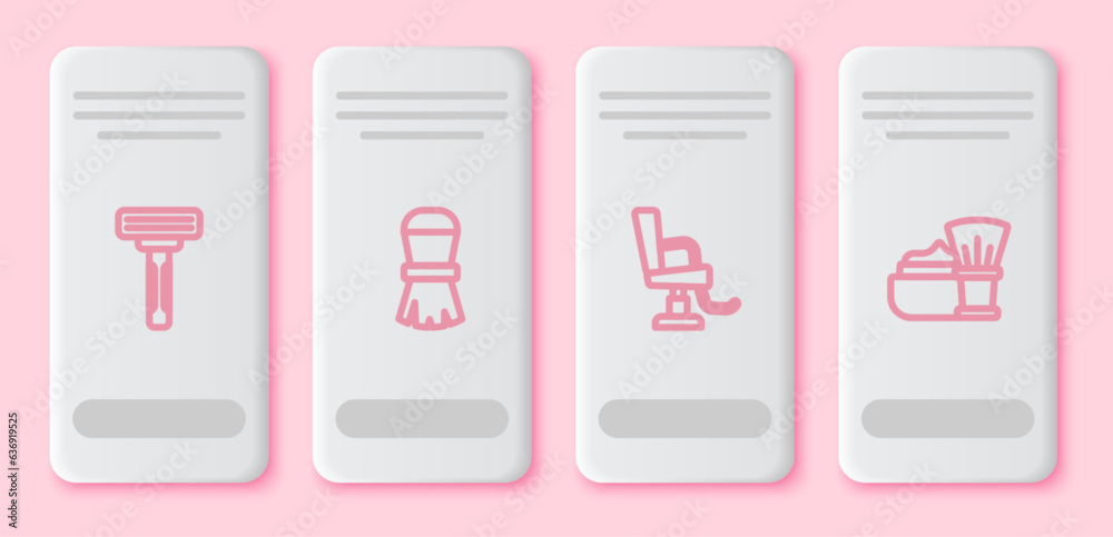 Sticker set line shaving razor, brush, barbershop chair and with foam. white rectangle button. vector