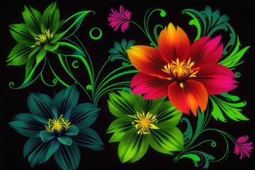 Three vibrant colored flowers blooming against a dark black background Generative AI