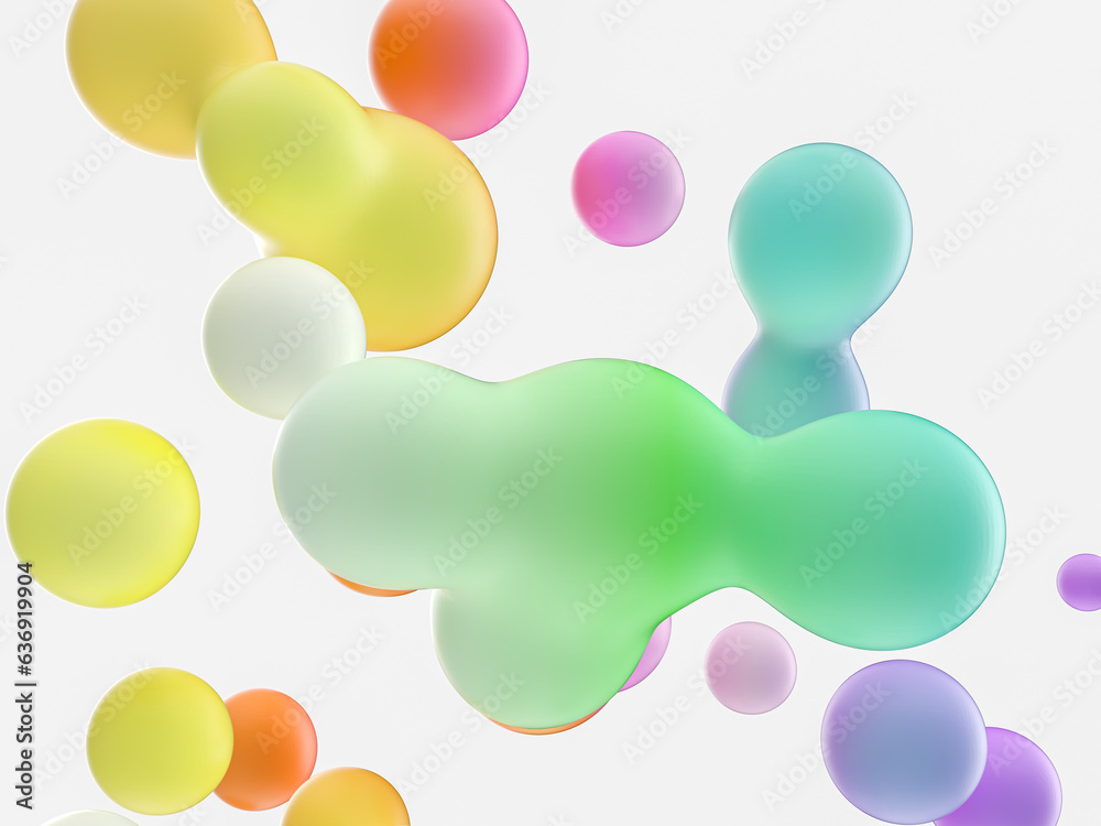 Poster Abstract 3d art background. Colorful floating liquid blobs, soap bubbles, metaballs.