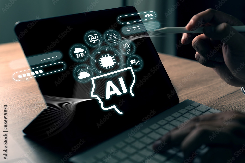 Poster man uses ai, machine learning, and artificial intelligence technology. chat on computer digital assi