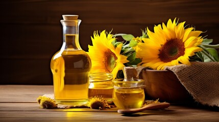 Photo of sunflower oil and sunflowers in a beautiful display