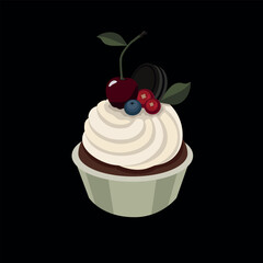 Cake, cupcake with berries, orio, cookies, cream, leaves, black background