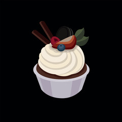 Cake, cupcake with strawberries, black currants, orio, cookies, cream, raspberries