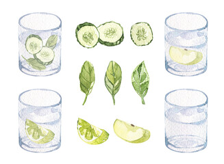 Watercolor illustration glass of water with cucumber, herbs. Healthy habits, healthy lifestyle, health, morning glass of water, healthy water. isolated on white background.