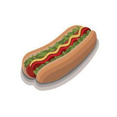 Hot dog with sausage, mustard, ketchup, lettuce leaves, white background