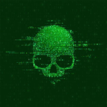Warning sign skull constructed with programming code. Danger internet virus, technical problem or system error. Vector illustration.