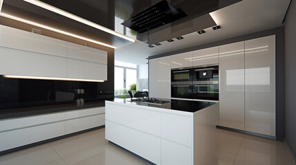 Kitchen interior design in a minimalist style, monochrome colors, black and white background. AI generated.