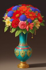 vase flowers red blue green pink and gold theme bright lighting highly detailed intricately detailed flower