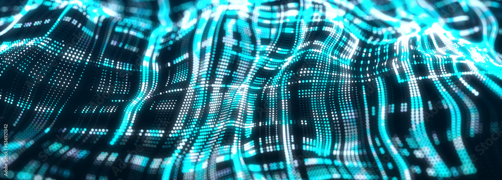 Poster Abstract technology background. Computer matrix. Futuristic cyber blue background of points. 3d rendering.