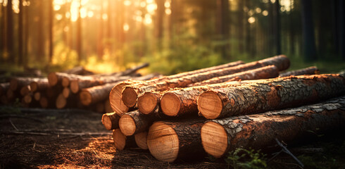 Forest pine and spruce trees. Log trunks pile, the logging timber wood industry. Wide banner or panorama wooden trunks. digital ai - Powered by Adobe