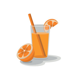 Orange juice in a glass with an orange on a white background