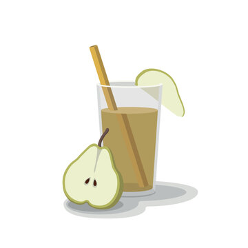 Pear juice in a glass with a pear on a white background