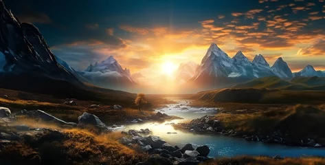Poster a background landscape two mountain with sun rising hd wallpaper © Yasir