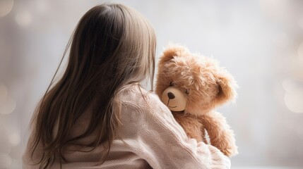 Little girl hugging teddy bear. Back view. Girl with teddy bear. Kids toy advertisement concept