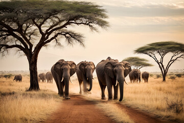 African elephants in savannah National Park, South Africa. 