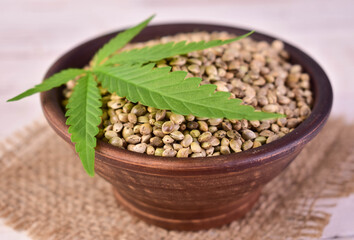 Hemp seeds in a clay bowl. Close-up. Useful hemp seeds.
