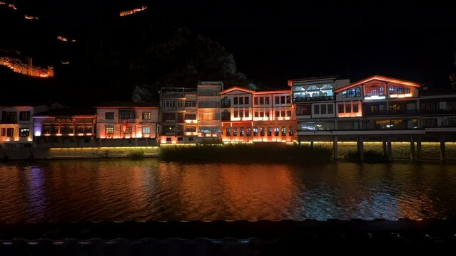 Touristic area of Amasya city, night lights, historical area
