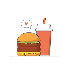 Hamburger and soda water line art. food Vector illustration