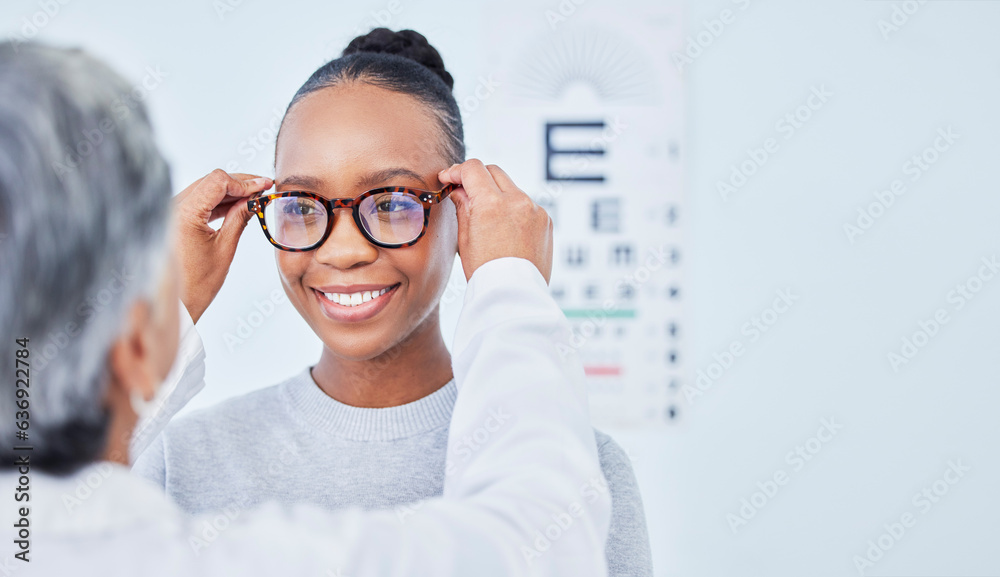 Sticker vision, glasses choice and optometrist with black woman patient, healthcare and prescription lens wi