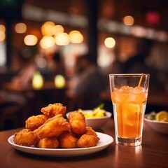 portion of chicken nuggets and a drink blurred restaurant in the background