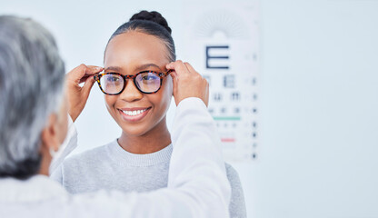 Vision, glasses choice and optometrist with black woman patient, healthcare and prescription lens with frame at clinic. Eye care, exam and diagnosis with assessment, health and wellness with help